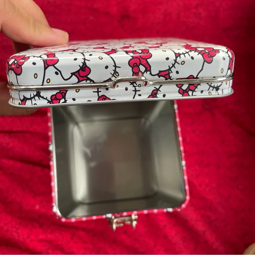 Hello Kitty Silver‎ and Red Metal Tin with hinged lid 6.5x4x4 in